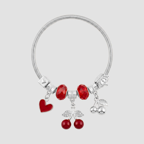 B089-2 Pop My Cherry Rhinestone Stretch Charm Bracelet in Silver & Red