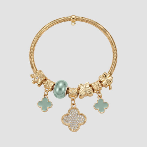B078-2 Pearl Clover Rhinestone Stretch Charm Bracelet in Gold & Green