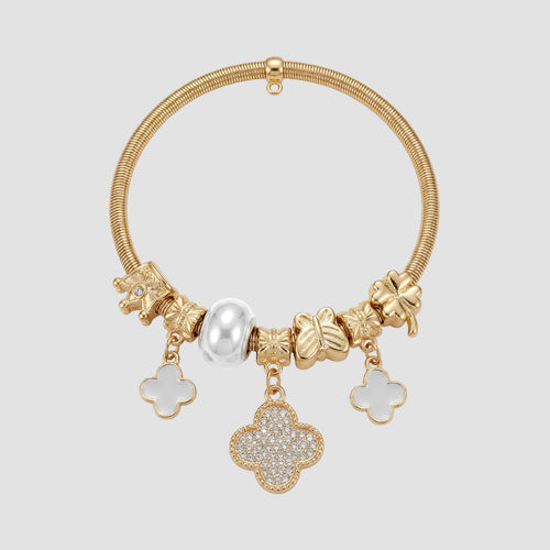 B078-2 Pearl Clover Rhinestone Stretch Charm Bracelet in Gold & White