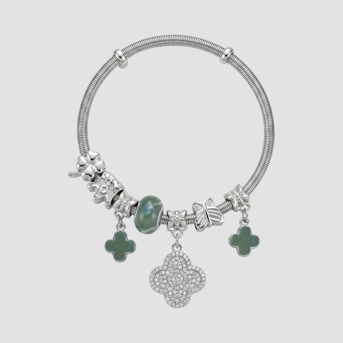 B078-2 Pearl Clover Rhinestone Stretch Charm Bracelet in Silver & Green