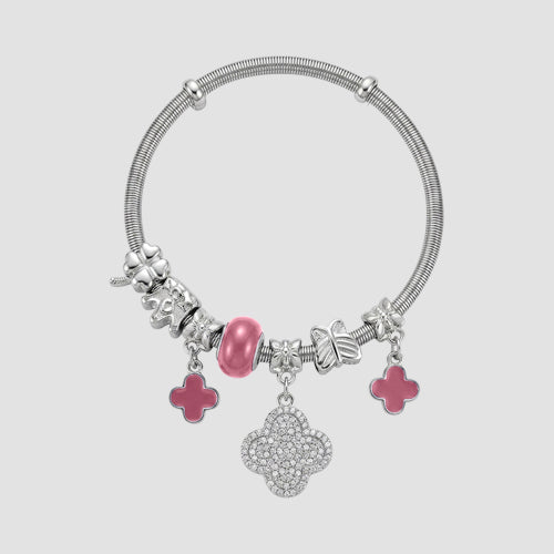 B078-2 Pearl Clover Rhinestone Stretch Charm Bracelet in Silver & Pink
