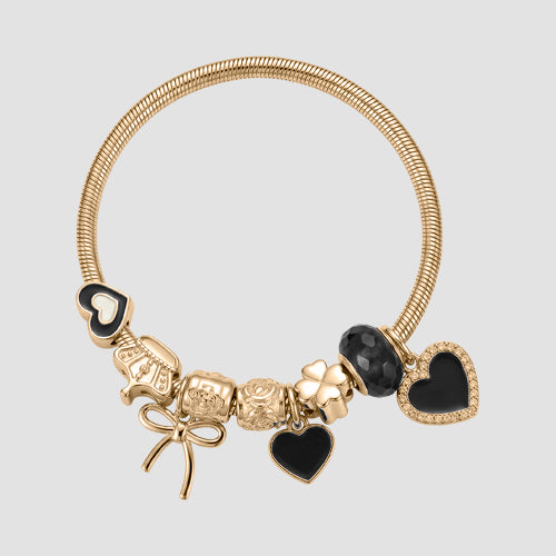 B078 Heart & Bow Rhinestone Stretch Charm Bracelet in Gold & Black