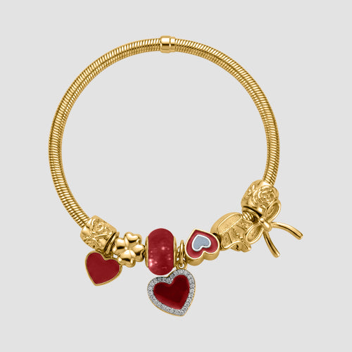 B078 Heart & Bow Rhinestone Stretch Charm Bracelet in Gold & Red