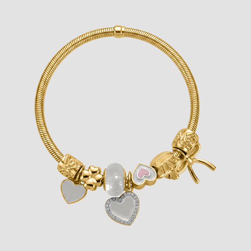 B078 Heart & Bow Rhinestone Stretch Charm Bracelet in Gold & White