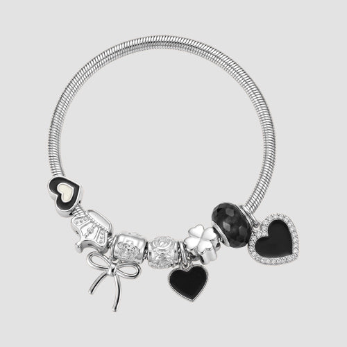 B078 Heart & Bow Rhinestone Stretch Charm Bracelet in Silver & Black