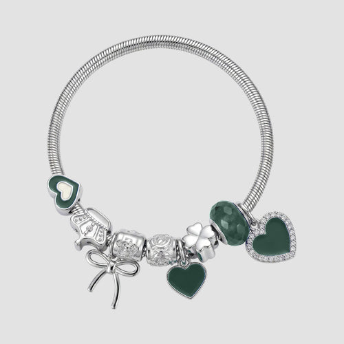 B078 Heart & Bow Rhinestone Stretch Charm Bracelet in Silver & Green