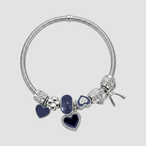 B078 Heart & Bow Rhinestone Stretch Charm Bracelet in Silver & Navy