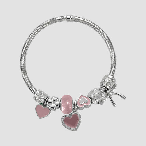 B078 Heart & Bow Rhinestone Stretch Charm Bracelet in Silver & Pink