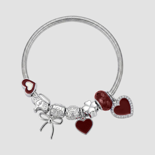 B078 Heart & Bow Rhinestone Stretch Charm Bracelet in Silver & Red