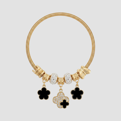 B077 Enamel Clover Rhinestone Stretch Charm Bracelet in Gold & Black