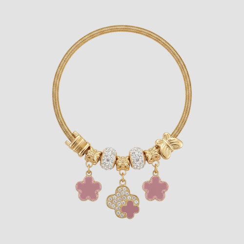 B077 Enamel Clover Rhinestone Stretch Charm Bracelet in Gold & Pink