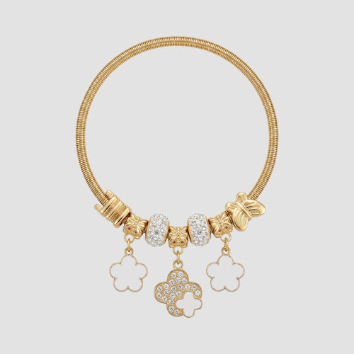 B077 Enamel Clover Rhinestone Stretch Charm Bracelet in Gold & White