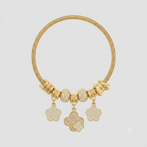 B077 Enamel Clover Rhinestone Stretch Charm Bracelet in Gold
