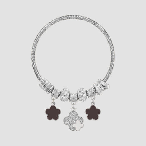 B077 Enamel Clover Rhinestone Stretch Charm Bracelet in Silver & Black