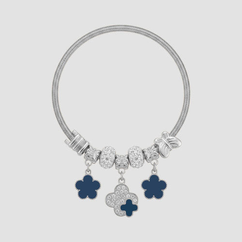 B077 Enamel Clover Rhinestone Stretch Charm Bracelet in Silver & Blue