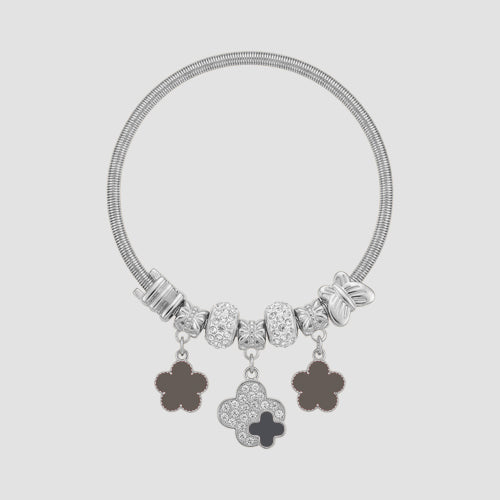 B077 Enamel Clover Rhinestone Stretch Charm Bracelet in Silver & Brown
