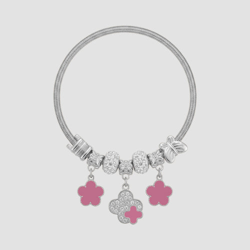 B077 Enamel Clover Rhinestone Stretch Charm Bracelet in Silver & Pink