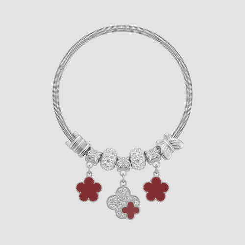 B077 Enamel Clover Rhinestone Stretch Charm Bracelet in Silver & Red