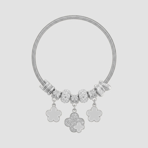 B077 Enamel Clover Rhinestone Stretch Charm Bracelet in Silver & White