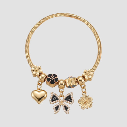 B058 Bow Rhinestone Stretch Charm Bracelet in Gold & Black