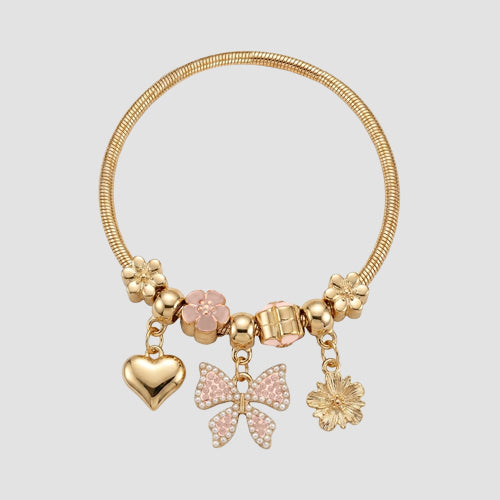 B058 Bow Rhinestone Stretch Charm Bracelet in Gold & Pink