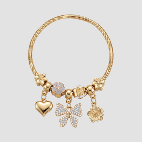 B058 Bow Rhinestone Stretch Charm Bracelet in Gold & White