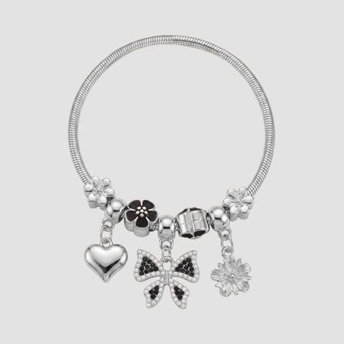 B058 Bow Rhinestone Stretch Charm Bracelet in Silver & Black