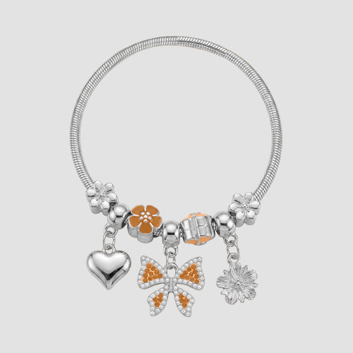 B058 Bow Rhinestone Stretch Charm Bracelet in Silver & Brown