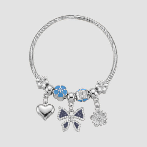 B058 Bow Rhinestone Stretch Charm Bracelet in Silver & Navy