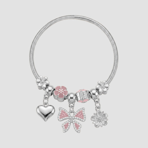 B058 Bow Rhinestone Stretch Charm Bracelet in Silver & Pink
