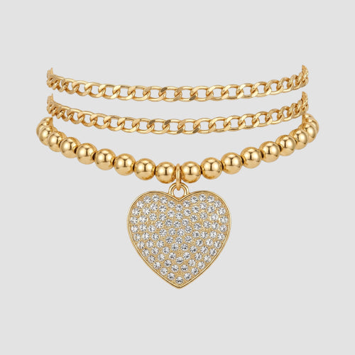 B037-3 Heart Pendant Stackable Triple Bead Bracelet in Gold