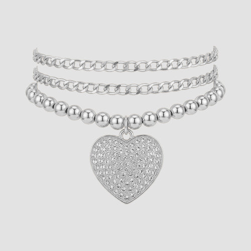 B037-3 Heart Pendant Stackable Triple Bead Bracelet in Silver