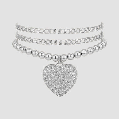 B037-3 Heart Pendant Stackable Triple Bead Bracelet in Silver