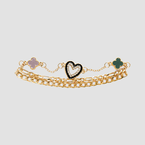 B037-2 Heart Clover Stackable Triple Charm Bracelet in Gold & Green & Purple