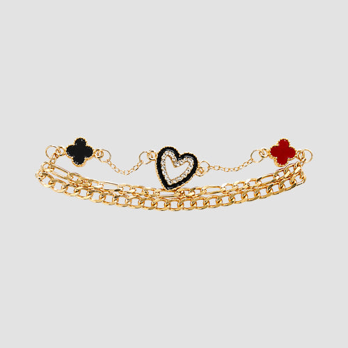 B037-2 Heart Clover Stackable Triple Charm Bracelet in Gold & Black & Red