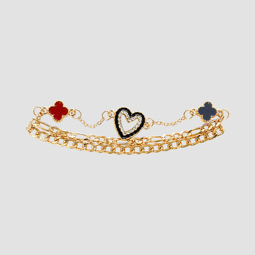 B037-2 Heart Clover Stackable Triple Charm Bracelet in Gold & Navy & Pink