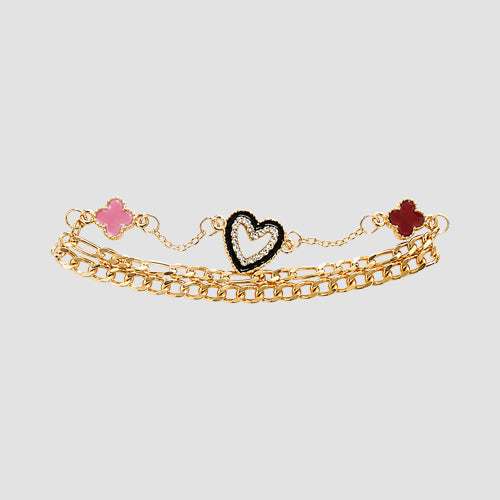 Heart Clover Stackable Triple Charm Bracelet in Gold/Pink/Red