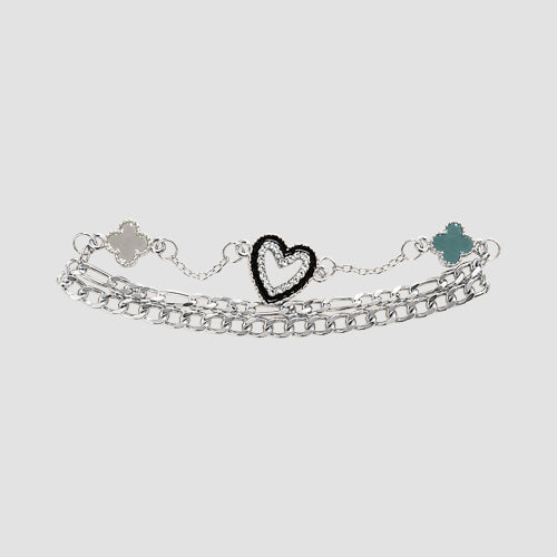 B037-2 Heart Clover Stackable Triple Charm Bracelet in Silver & Light Blue & White