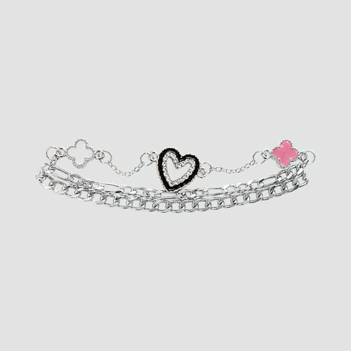 Heart Clover Stackable Triple Charm Bracelet in Silver/White/Pink