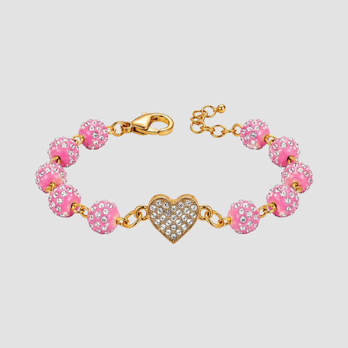 Rhinestone Heart Bead Bracelet in Gold/Pink