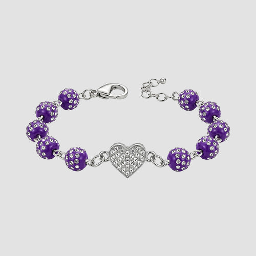Rhinestone Heart Bead Bracelet in Silver/Purple