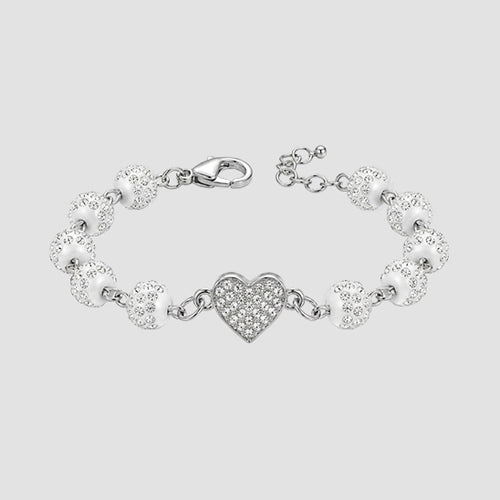 Rhinestone Heart Bead Bracelet in Silver/White