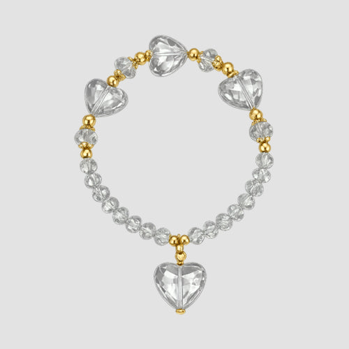 Heart Pendant Stretch Bead Bracelet in Gold/Grey
