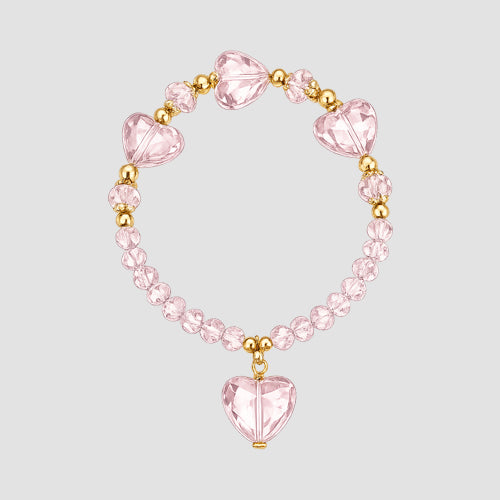 Heart Pendant Stretch Bead Bracelet in Gold/Pink