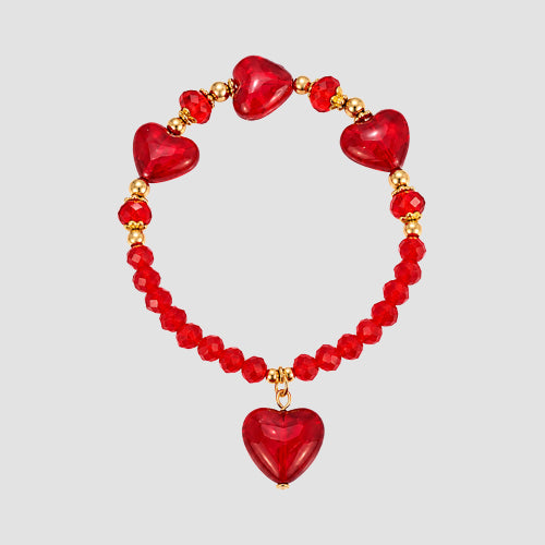 Heart Pendant Stretch Bead Bracelet in Gold/Red