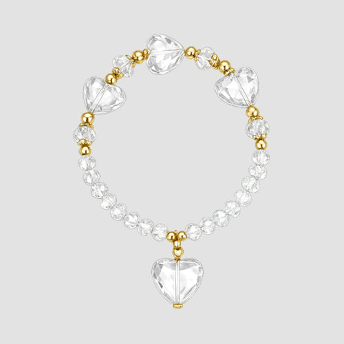 Heart Pendant Stretch Bead Bracelet in Gold/White