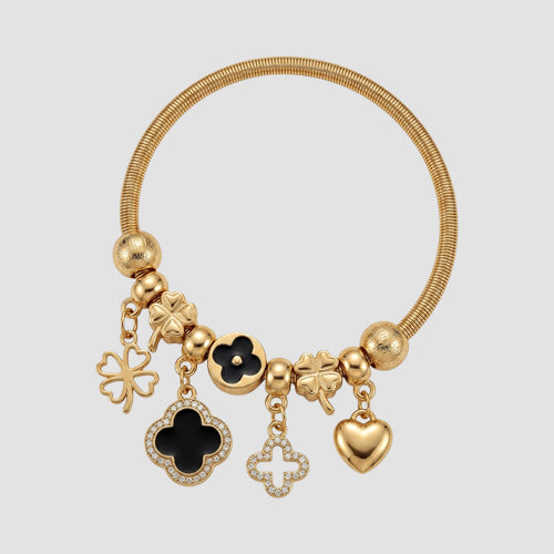 A320 Clover Badge Stretch Rhinestone Charm Bracelet  in Gold & Black