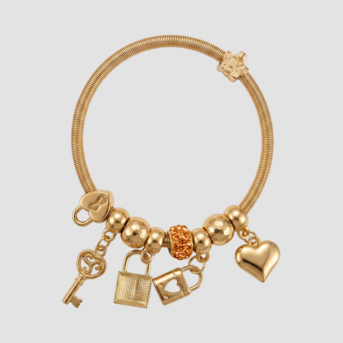 B079 Padlock & Key Rhinestone Stretch Charm Bracelet in Gold & Orange