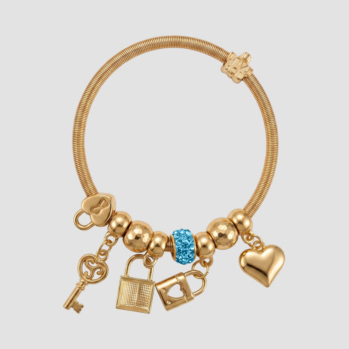 B079 Padlock & Key Rhinestone Stretch Charm Bracelet in Gold & Royal Blue