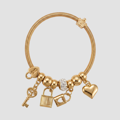 B079 Padlock & Key Rhinestone Stretch Charm Bracelet in Gold & White